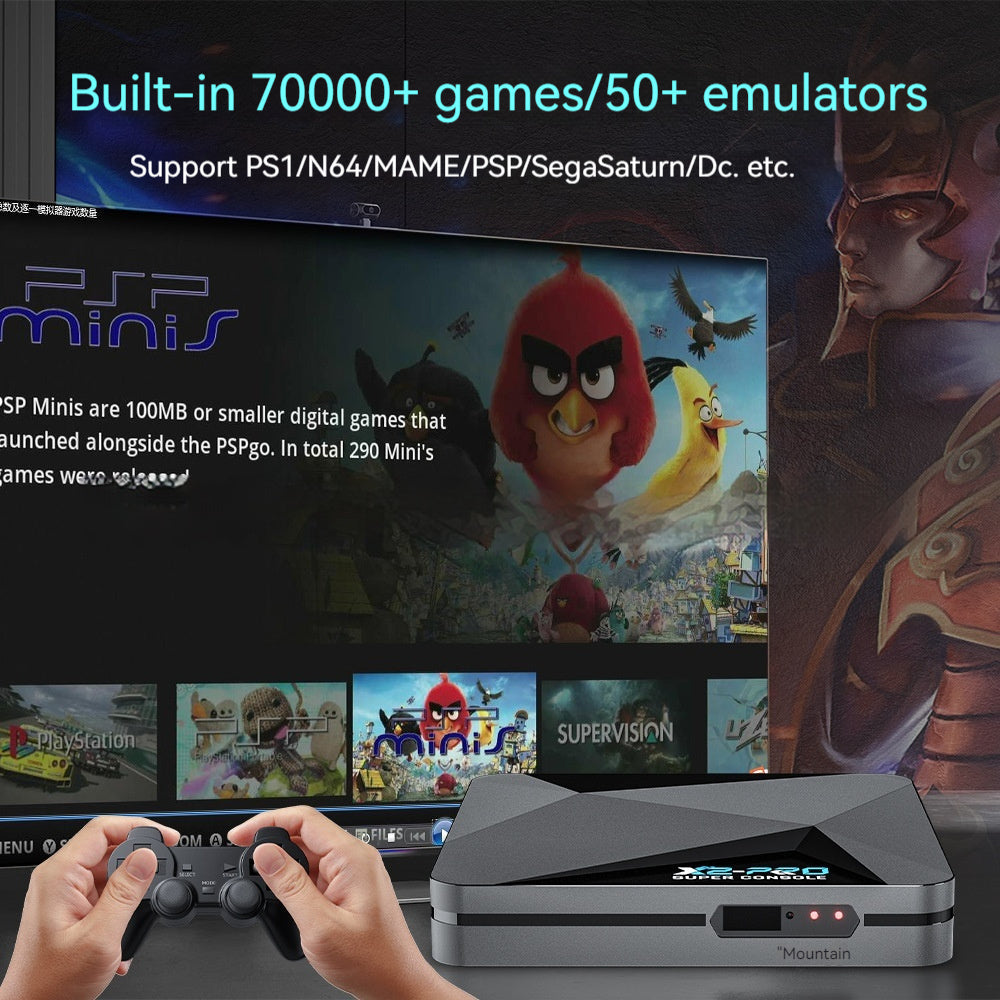 Gaming console with Angry Birds game displayed, surrounded by gaming-themed graphics.