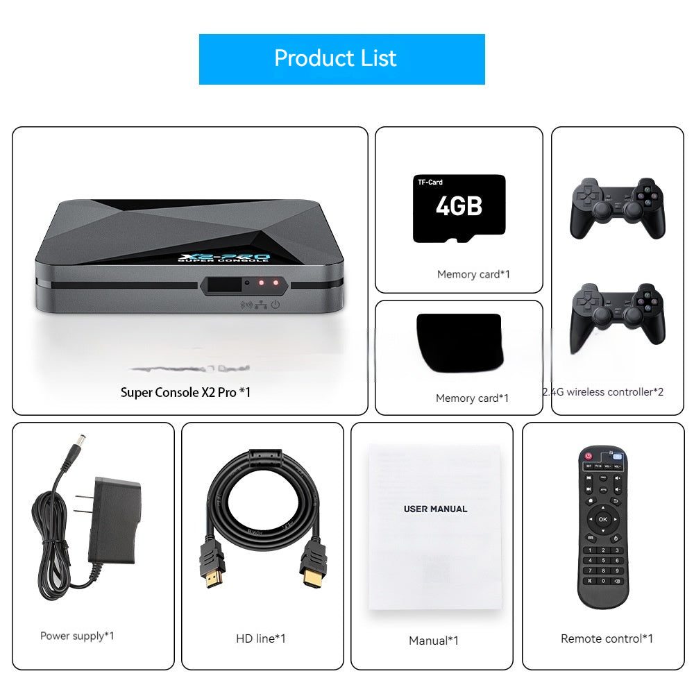 Product list of Super Console X2 Pro with accessories on a white background