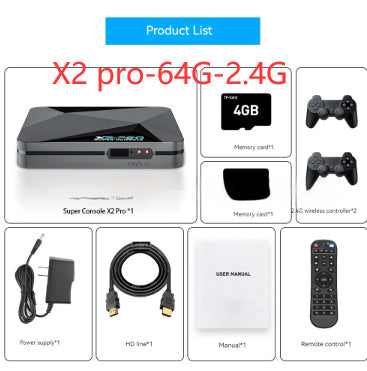 Product list of X2 pro-64G-2.4G with images of console, controller, cable, and remote control.
