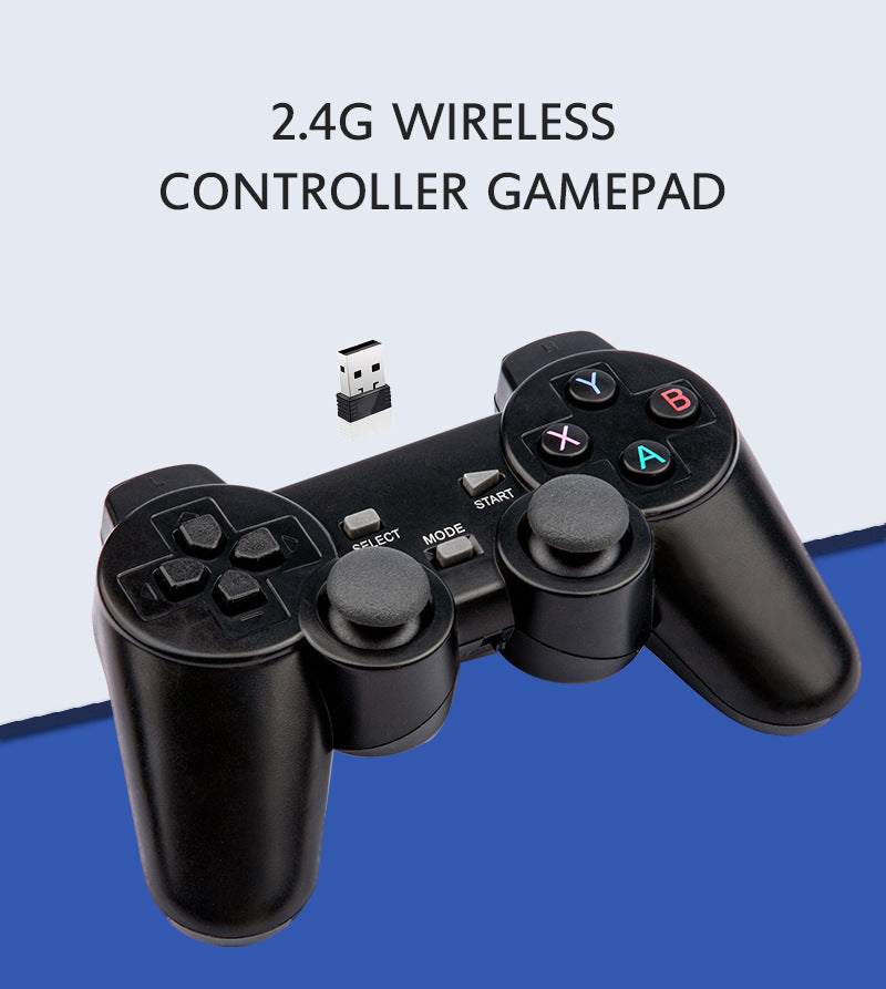 Black 2.4G wireless controller gamepad with USB receiver on a blue and white background