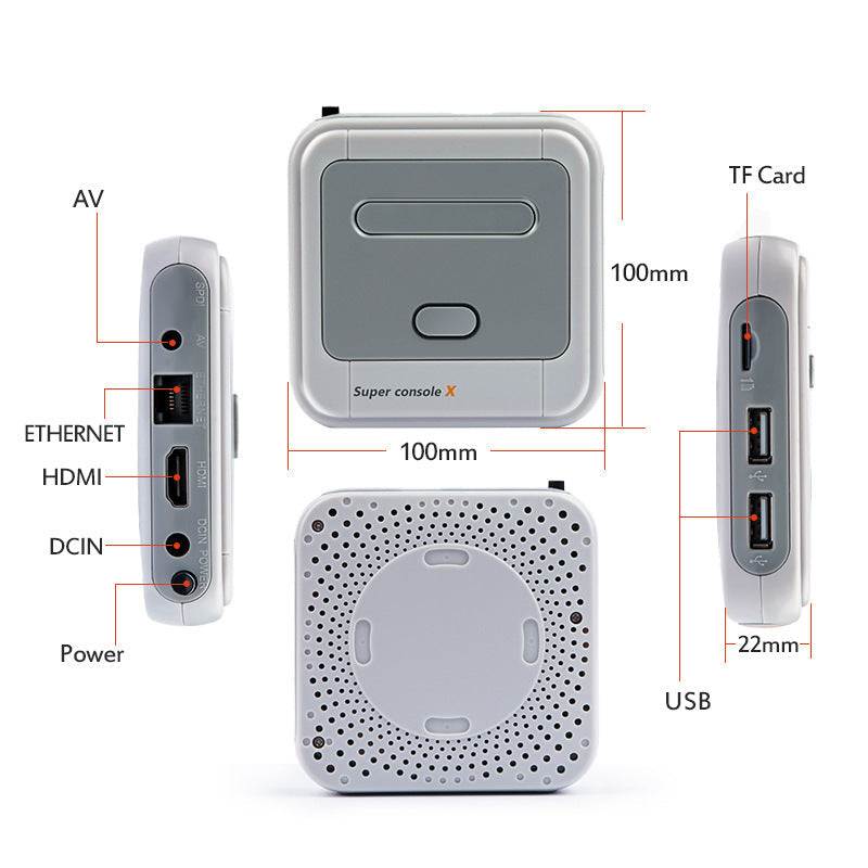 Diagram of a Super Console X with labeled ports and dimensions on a white background