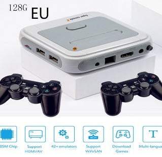 Gaming console with controllers and specifications displayed on a white background