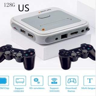 White gaming console with controllers and specifications displayed on a white background