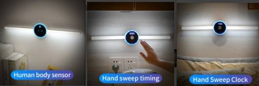 Three different uses of a smart light fixture with labels for 'Human body sensor', 'Hand sweep timing', and 'Hand Sweep Clock'.